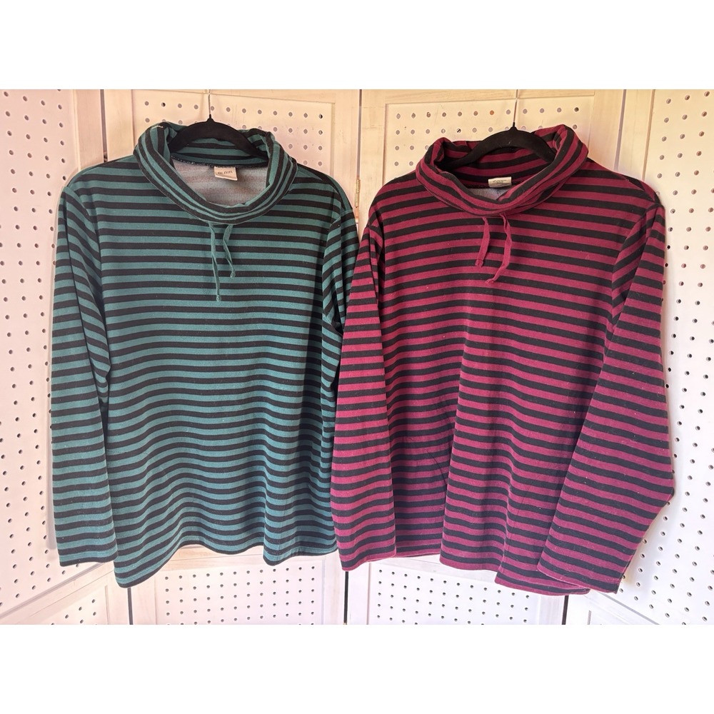 Lot/2 Blair Striped Cowl Turtleneck Velour Tops Long SLV Burgundy Green Womens L